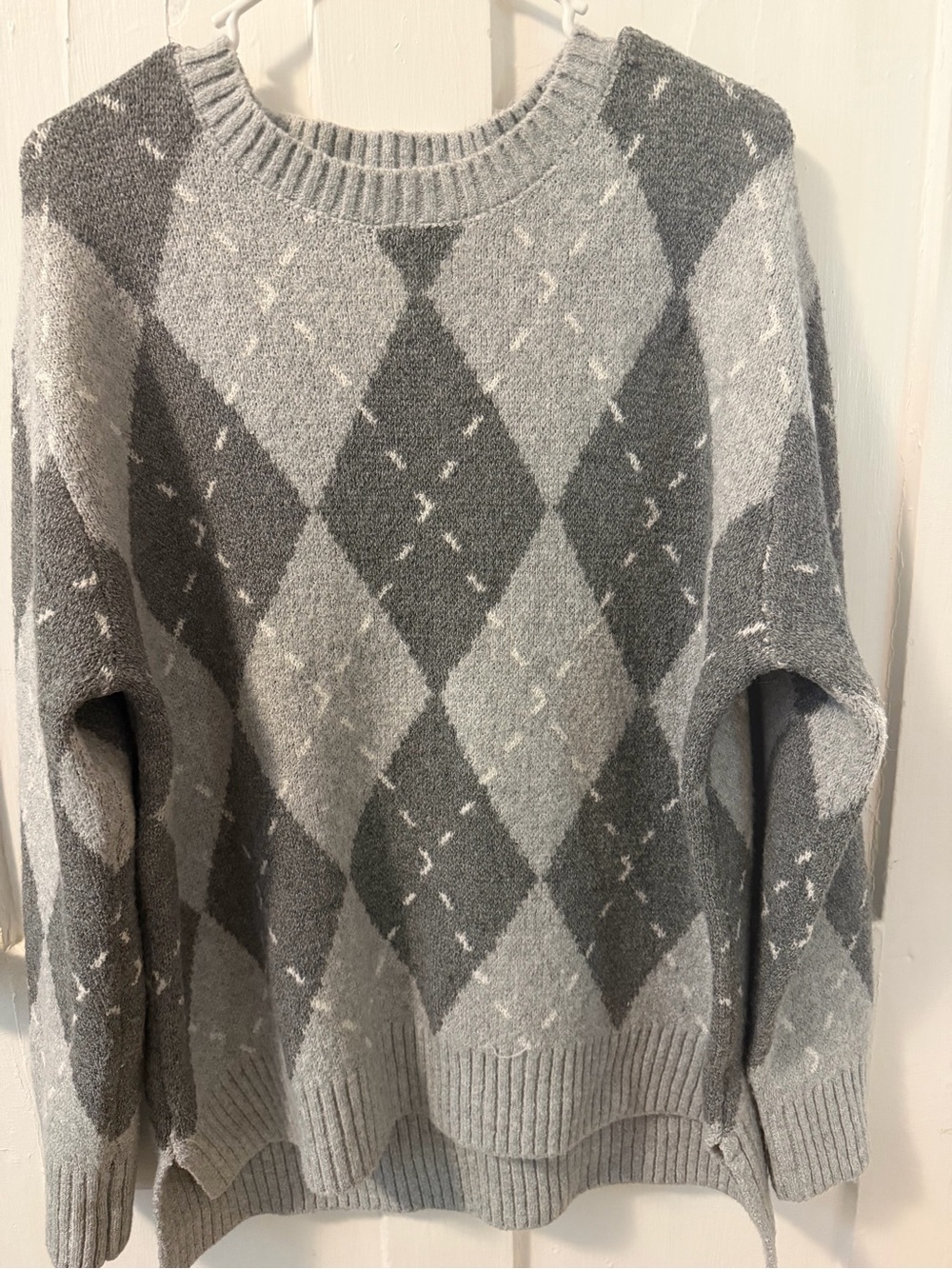 Pink Rose Gray Argyle Crewneck Sweater